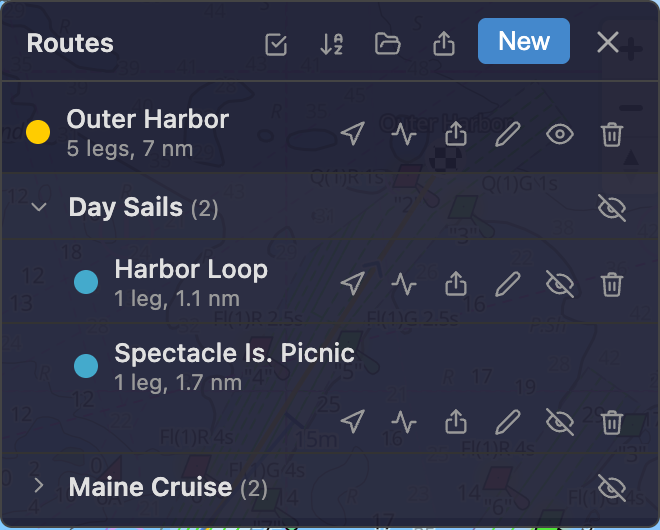 The Routes panel's import and export buttons