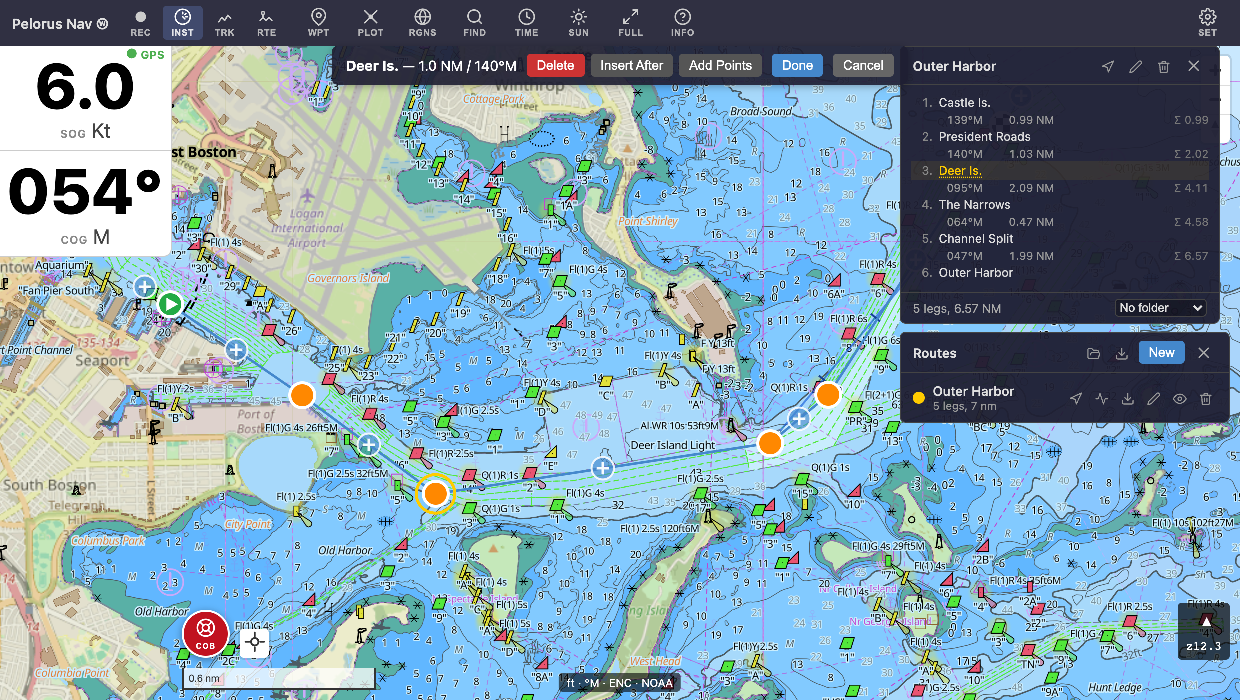 Editing a route — a waypoint selected