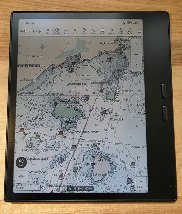 A BOOX color e-ink tablet running Pelorus Nav in its high-contrast e-ink theme: the chart of Salem Sound with the Misery Islands and Bakers Island, buoys, soundings, and a plotted track