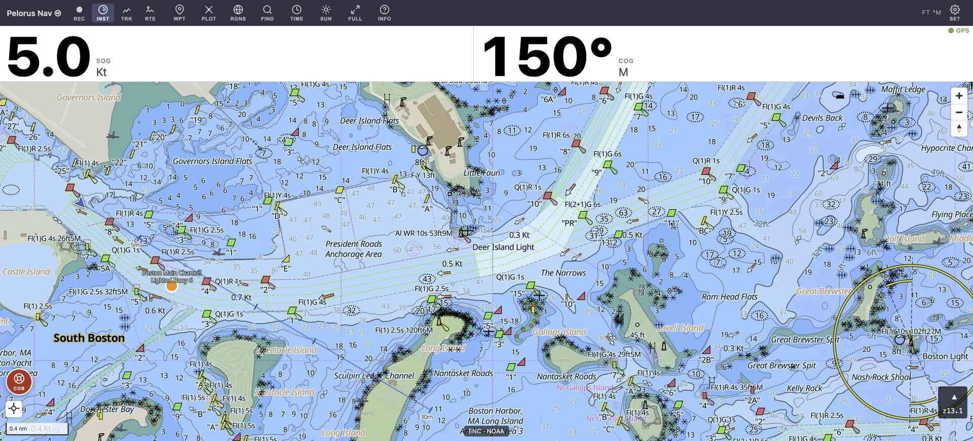 Pelorus Nav under way in Boston Harbor: NOAA electronic chart with buoys, depth contours, and current arrows; the vessel heading seaward past Castle Island with its course line, and large speed and course instrument readouts