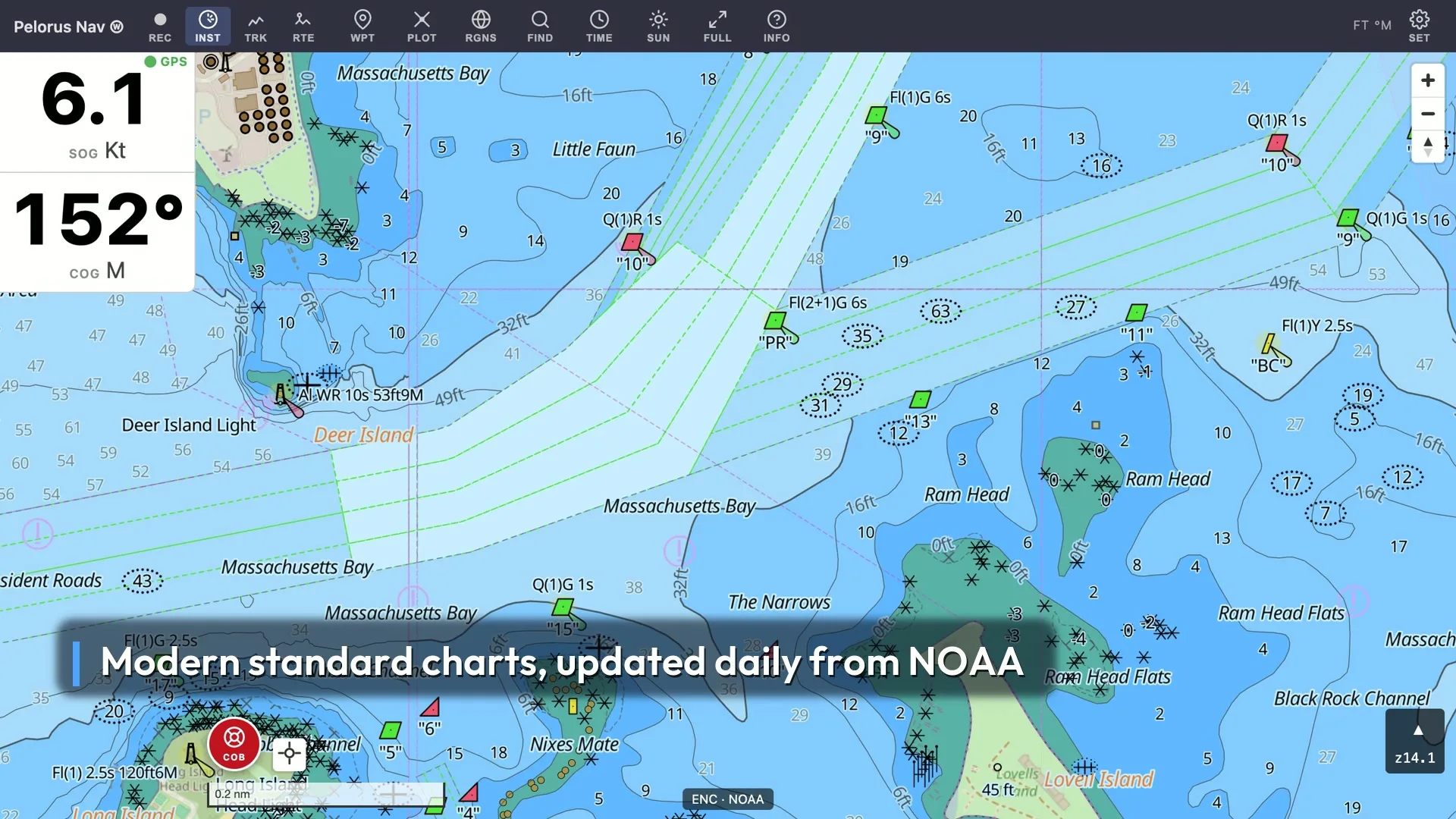 Pelorus Nav showing a NOAA electronic chart of Boston Harbor with buoys, depth contours, and live speed and course instruments